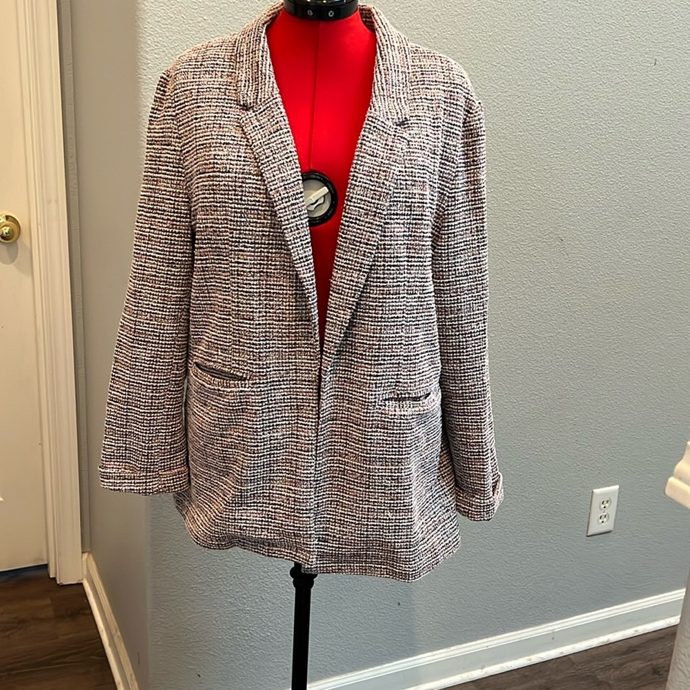 Really cute pink, black and white blazer.   Size XL.
